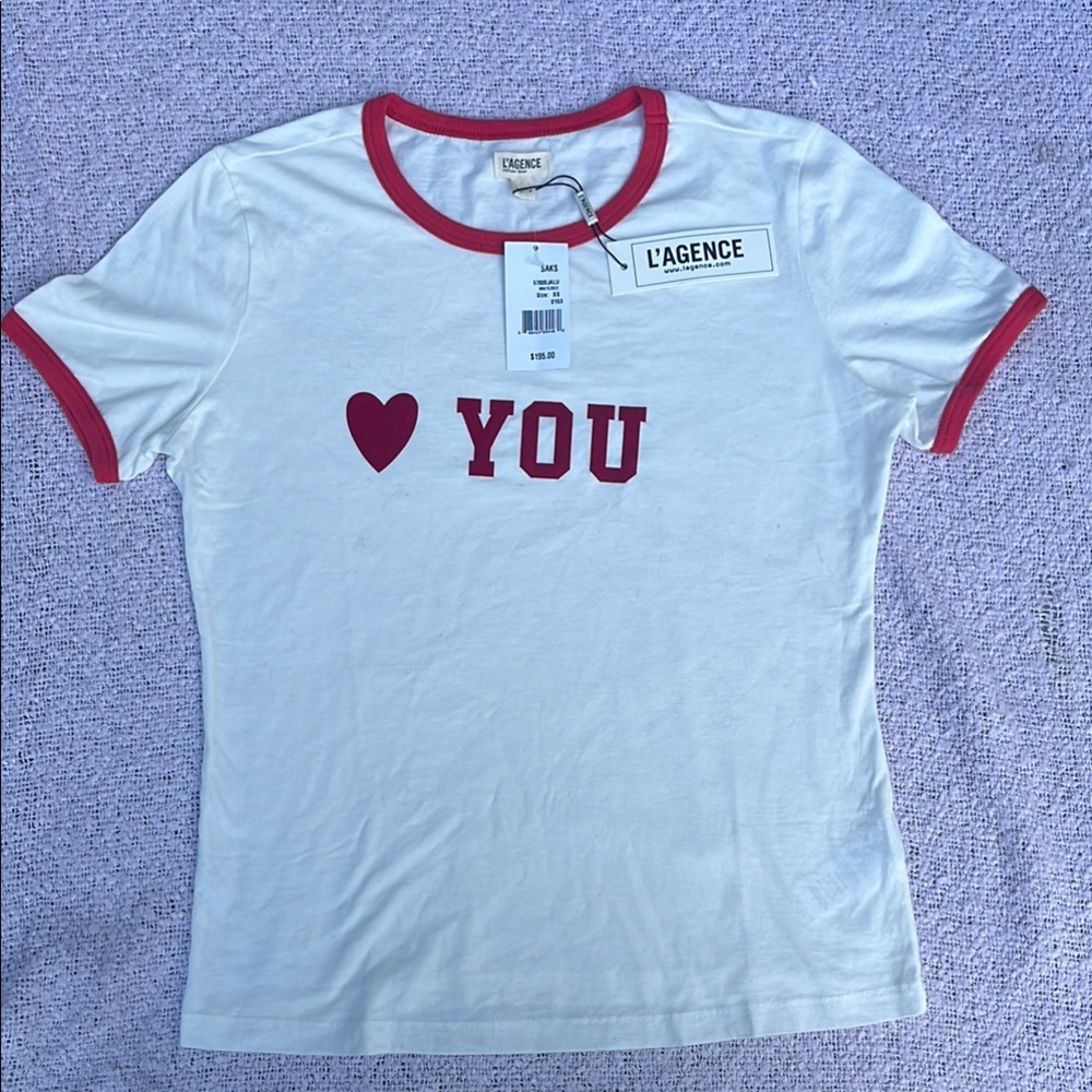 L'AGENCE White Tee with Red Heart and 'YOU' Graphic